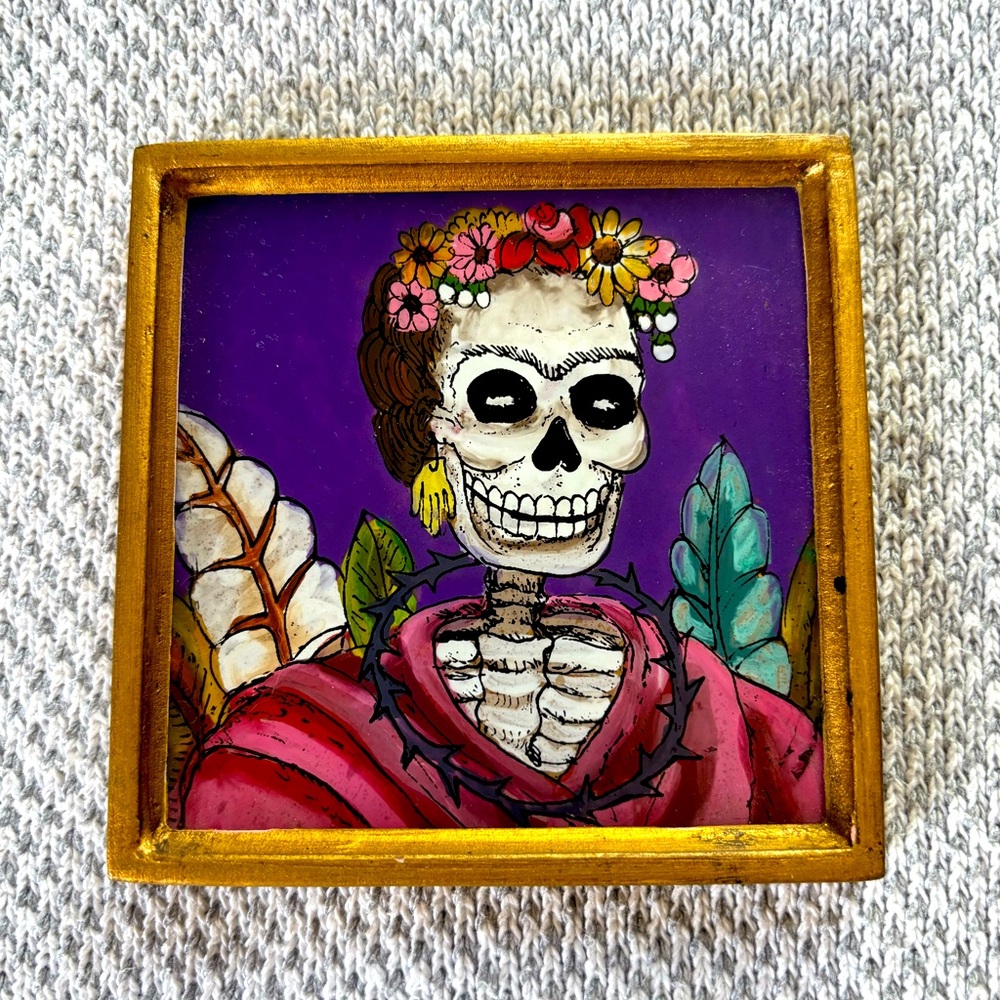 Original Hand Painted Skeleton Art Tile - “Frida Thorn Necklace”